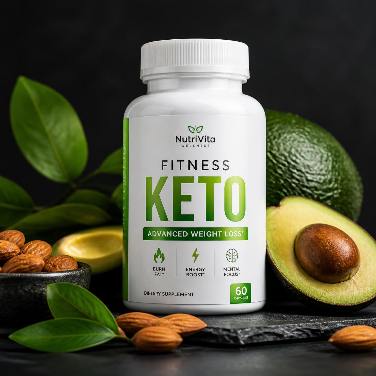Fitness Keto Capsules Canada bottle with avocado and almonds