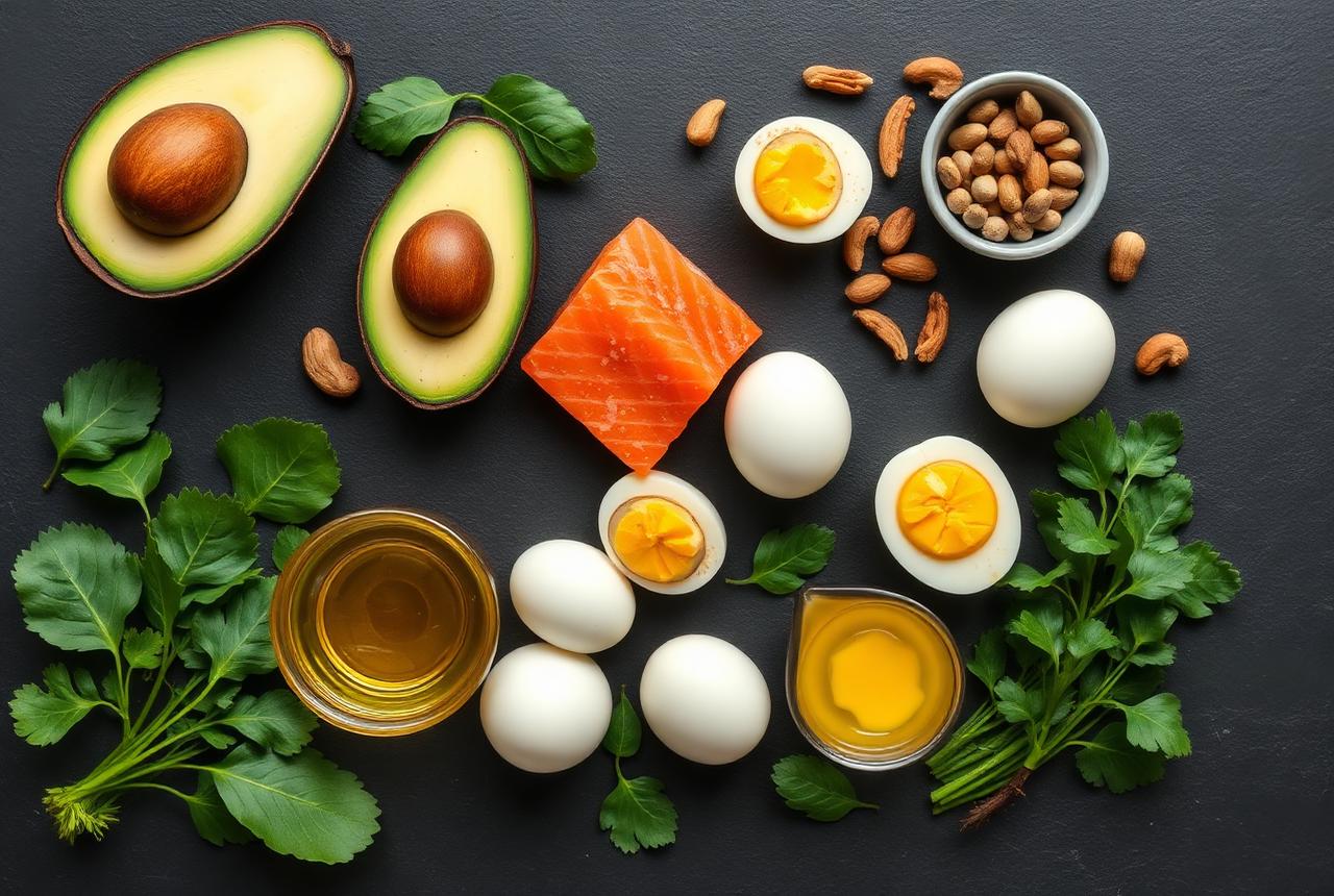 Ketogenic diet foods: avocado, salmon, eggs, nuts and olive oil